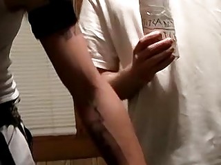 Drinking buddies get tipsy then wank their hard cocks