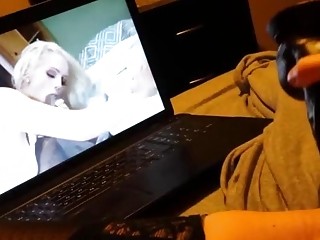 Tattooed babe loves to masturbate to interracial porn  