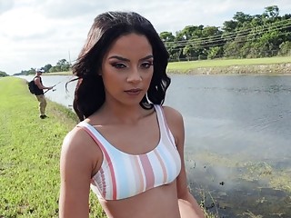 Nasty girl Maya Bijou sucks dick and fucks hardcore outside
